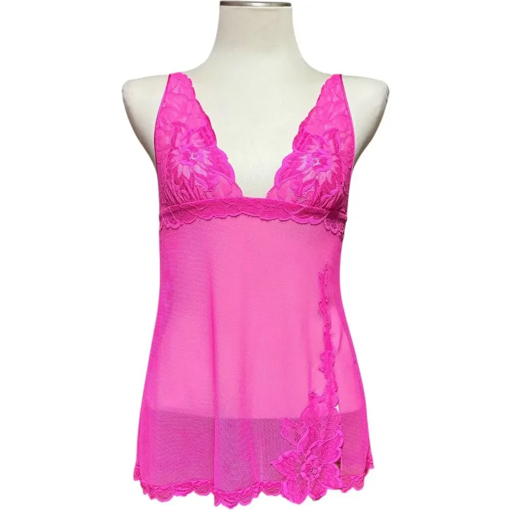 Victoria's Secret Plunge Lace Mesh Lingerie Nightie Hot Pink Small